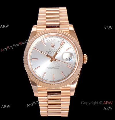 (GM) Copy Rolex Day-Date 40 mm Rose Gold Silver Watch Swiss 2836 Movement